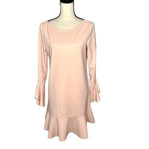 The Vanity Room Pink Long Bell Sleeve Wide Neck Drop Waist Ruffle Dress Size M
